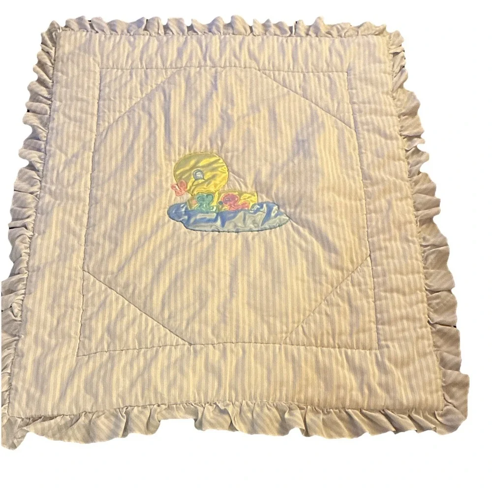 VTG Little Bedding Blue/White Striped Duck Crib Quilt with Ruffled Trim